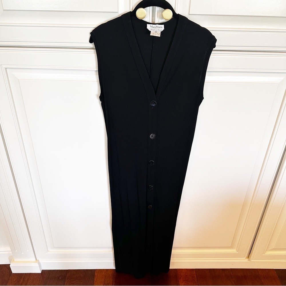 MaxMara‎ Women’s Designer Luxury Black Sleeveless Midi Dress Button Front Medium